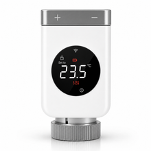 Front view of smart radiator valve with LED temperature display