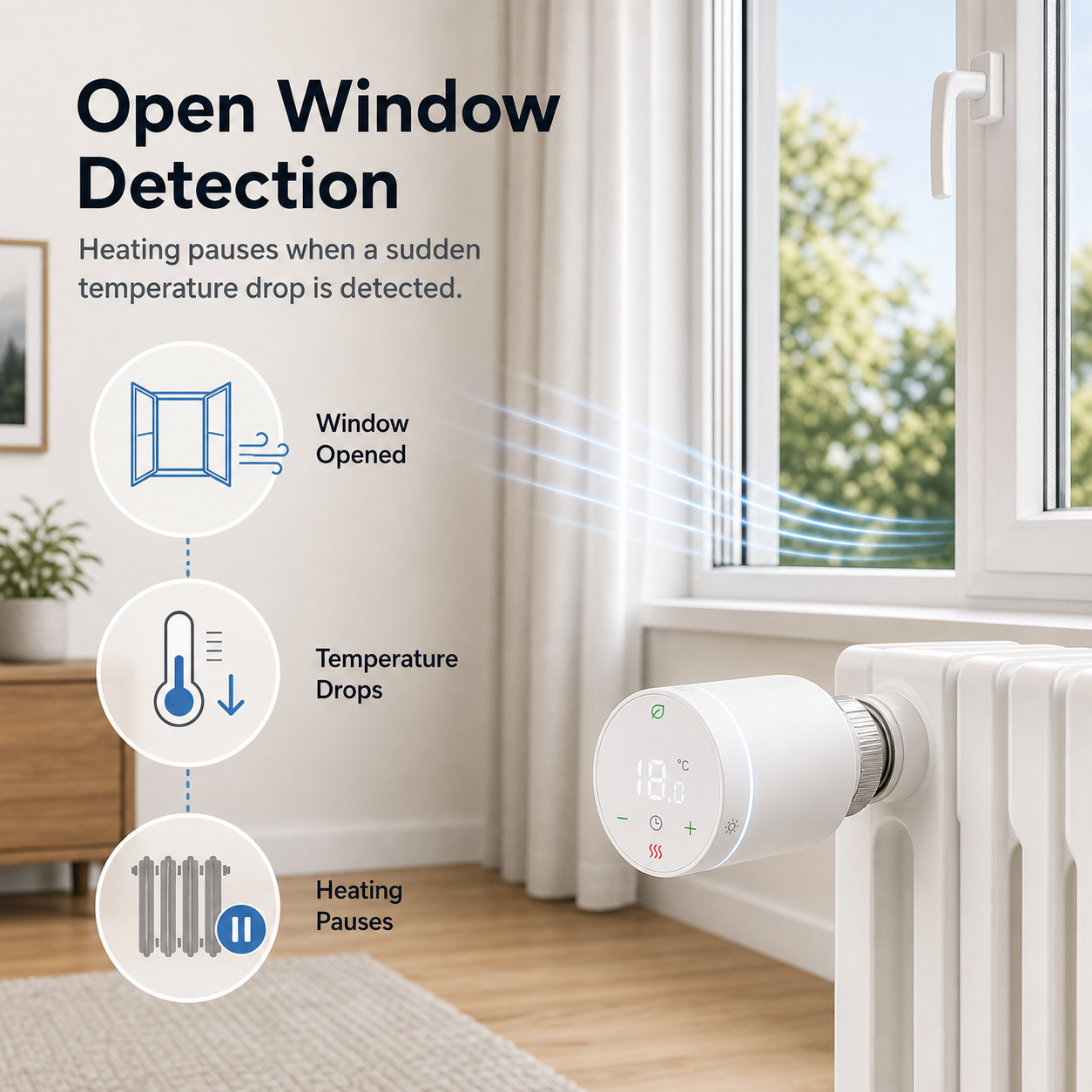 Open window detection scene with radiator and smart thermostatic valve