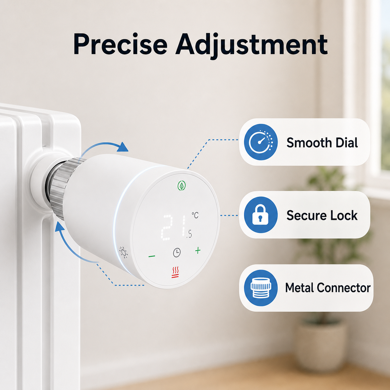 Precise adjustment and secure lock feature for smart radiator valve