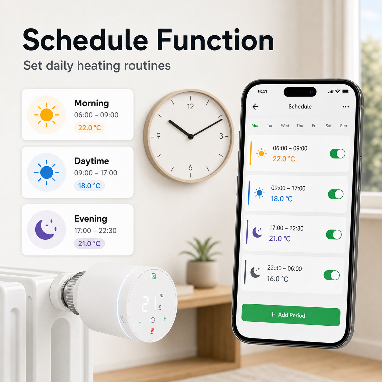 Schedule function app screen for smart radiator thermostatic valve