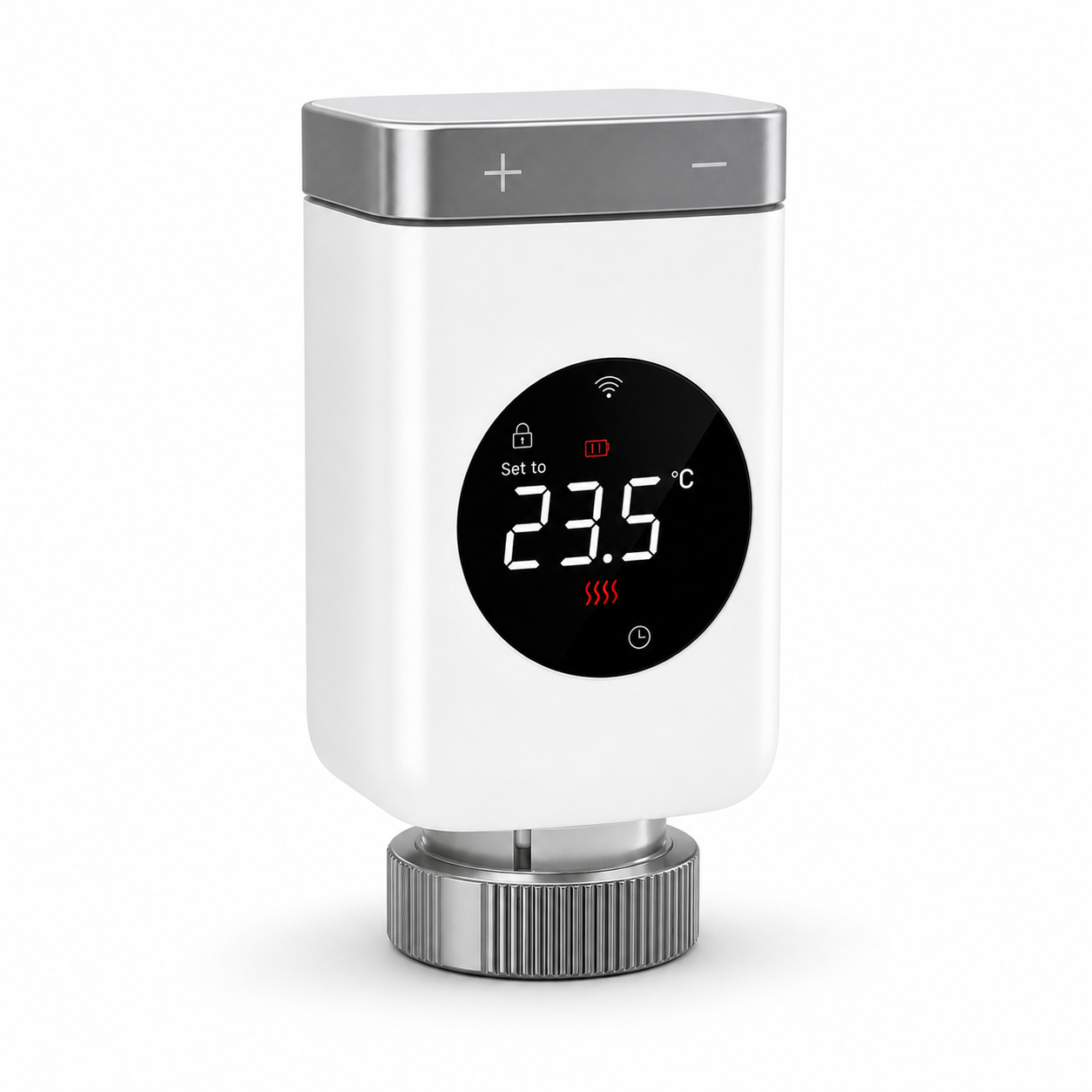 Studio packshot of NéoValve Comfort V2 smart radiator thermostatic valve