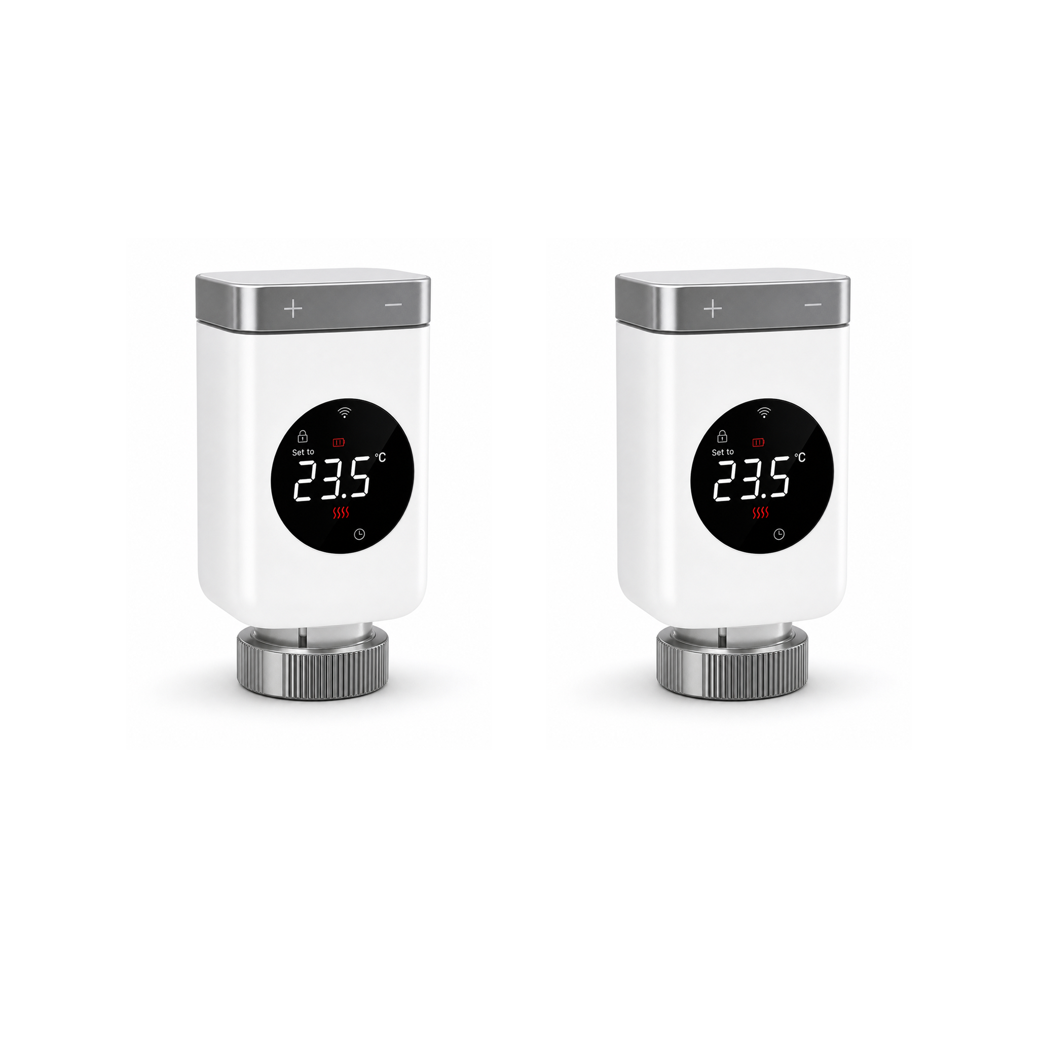 Lot de 2 vannes thermostatiques NéoValve Comfort V2 Wi-Fi sur fond studio blanc