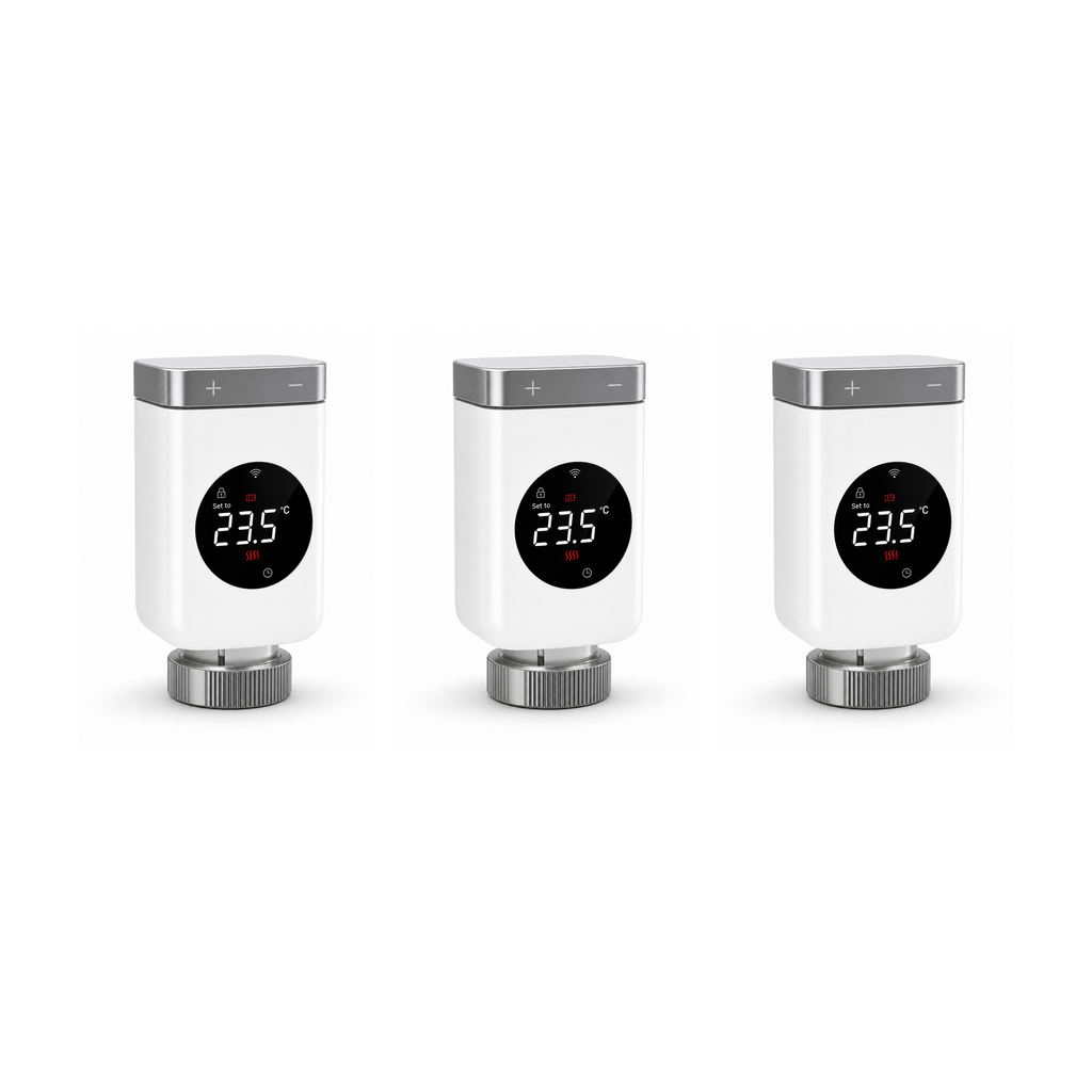 Lot de 3 vannes thermostatiques NéoValve Comfort V2 Wi-Fi sur fond studio blanc