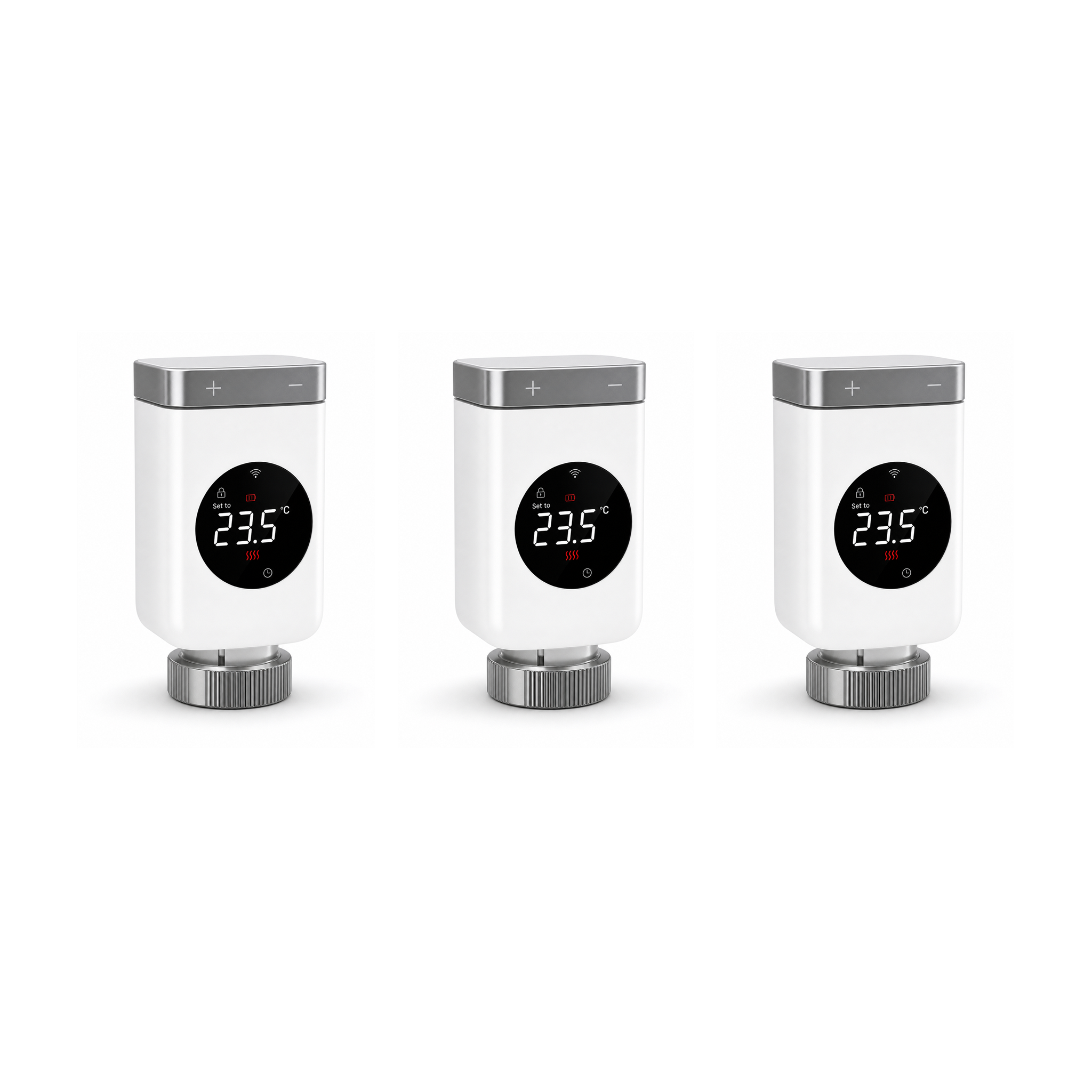 Lot de 3 vannes thermostatiques NéoValve Comfort V2 Wi-Fi sur fond studio blanc