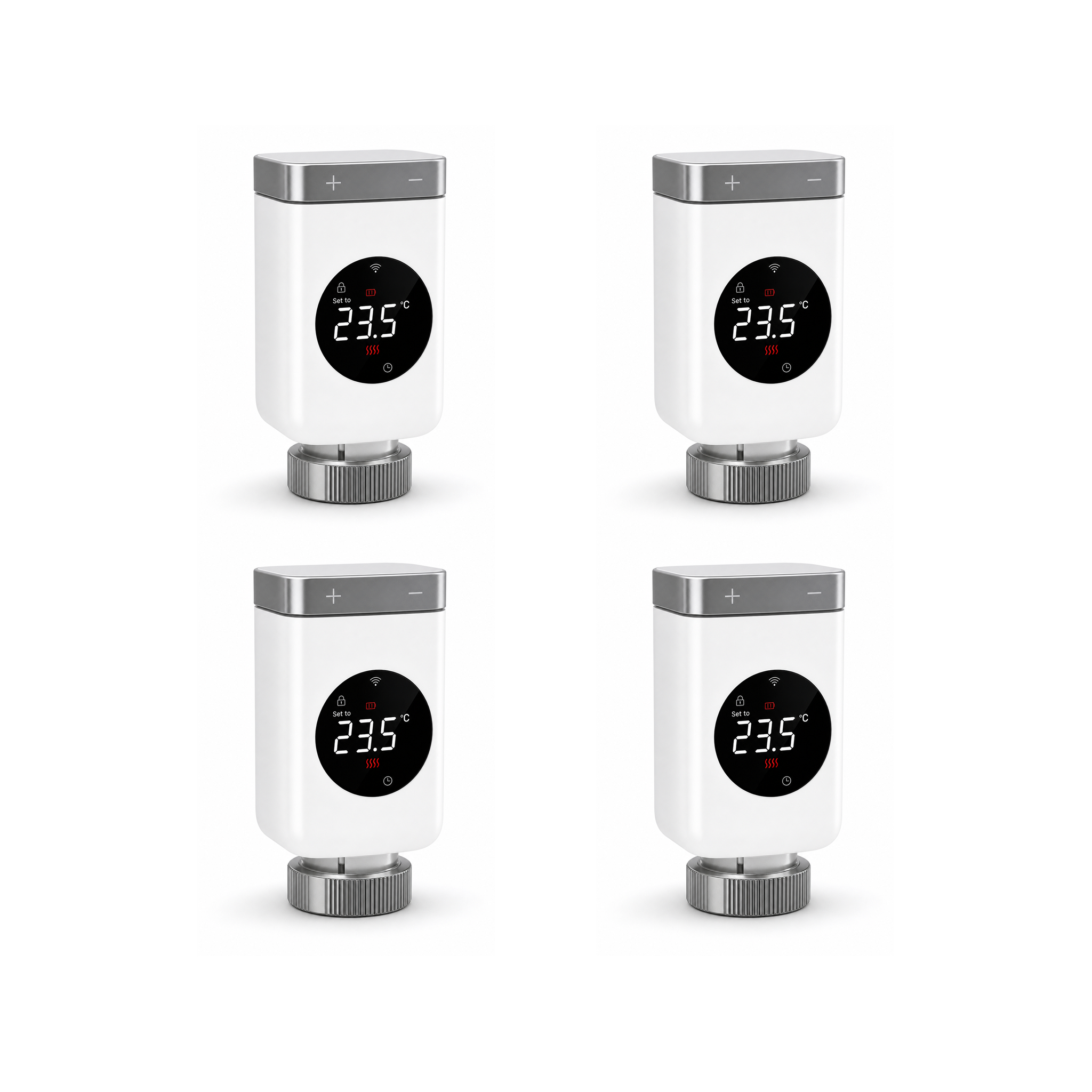 Lot de 4 vannes thermostatiques NéoValve Comfort V2 Wi-Fi sur fond studio blanc