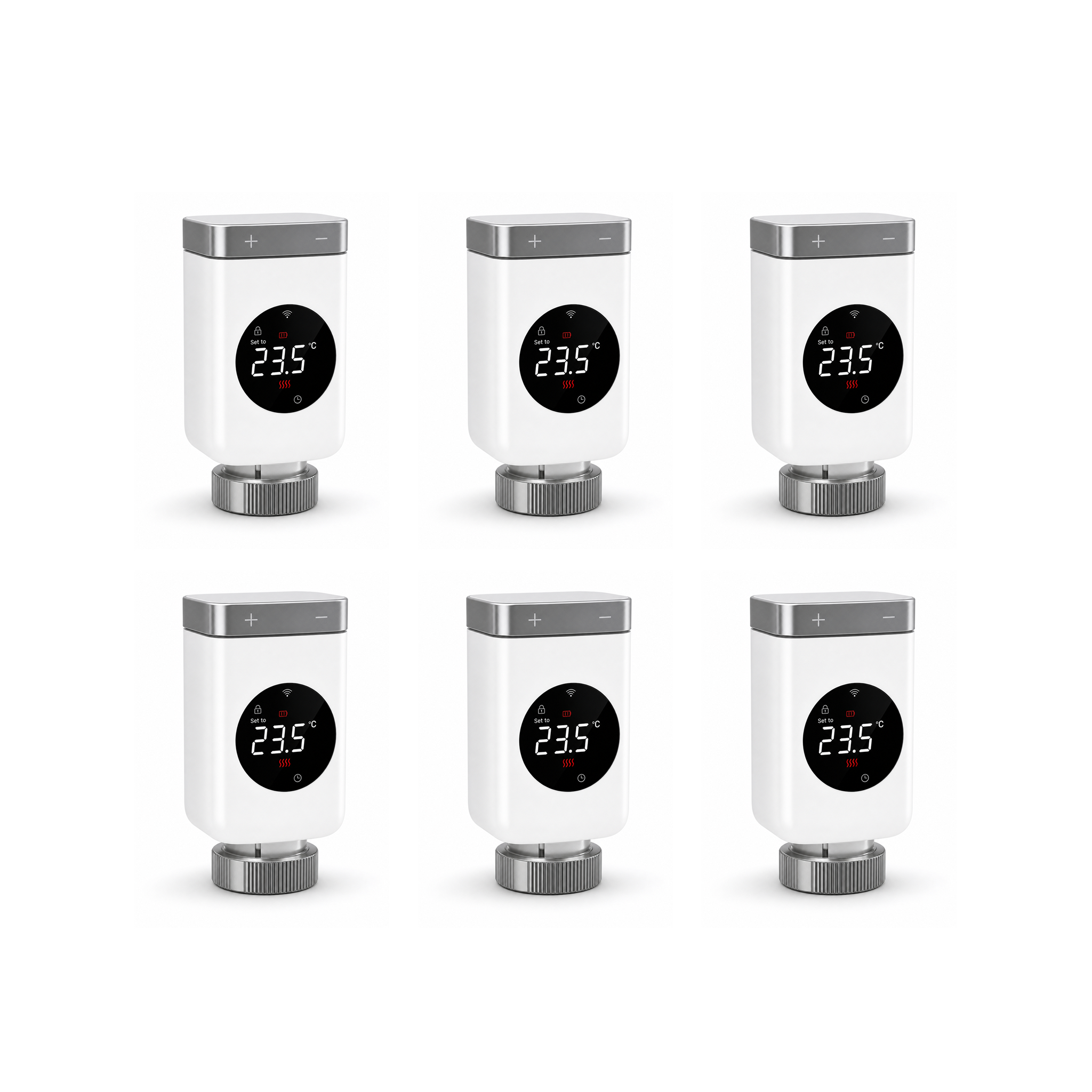 Lot de 6 vannes thermostatiques NéoValve Comfort V2 Wi-Fi sur fond studio blanc