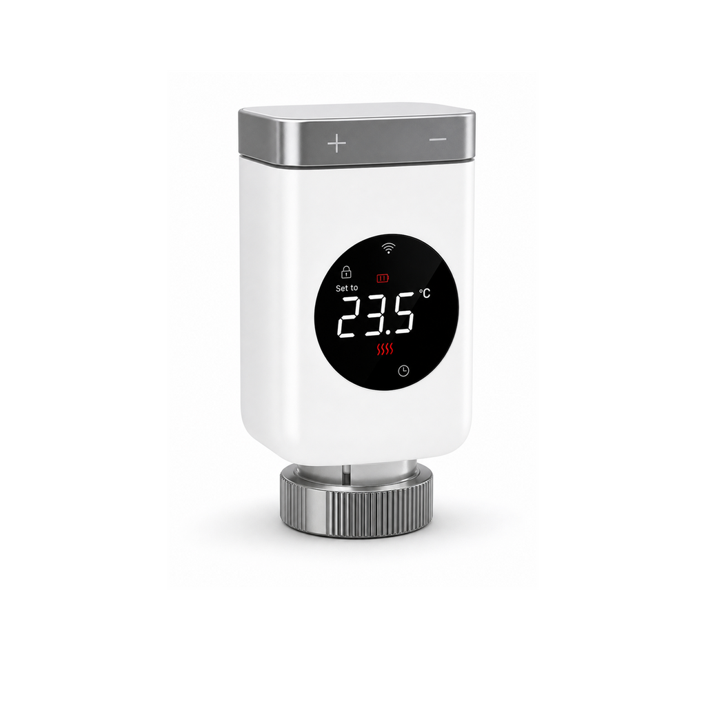 Vanne thermostatique NéoValve Comfort V2 ZigBee sur fond studio blanc