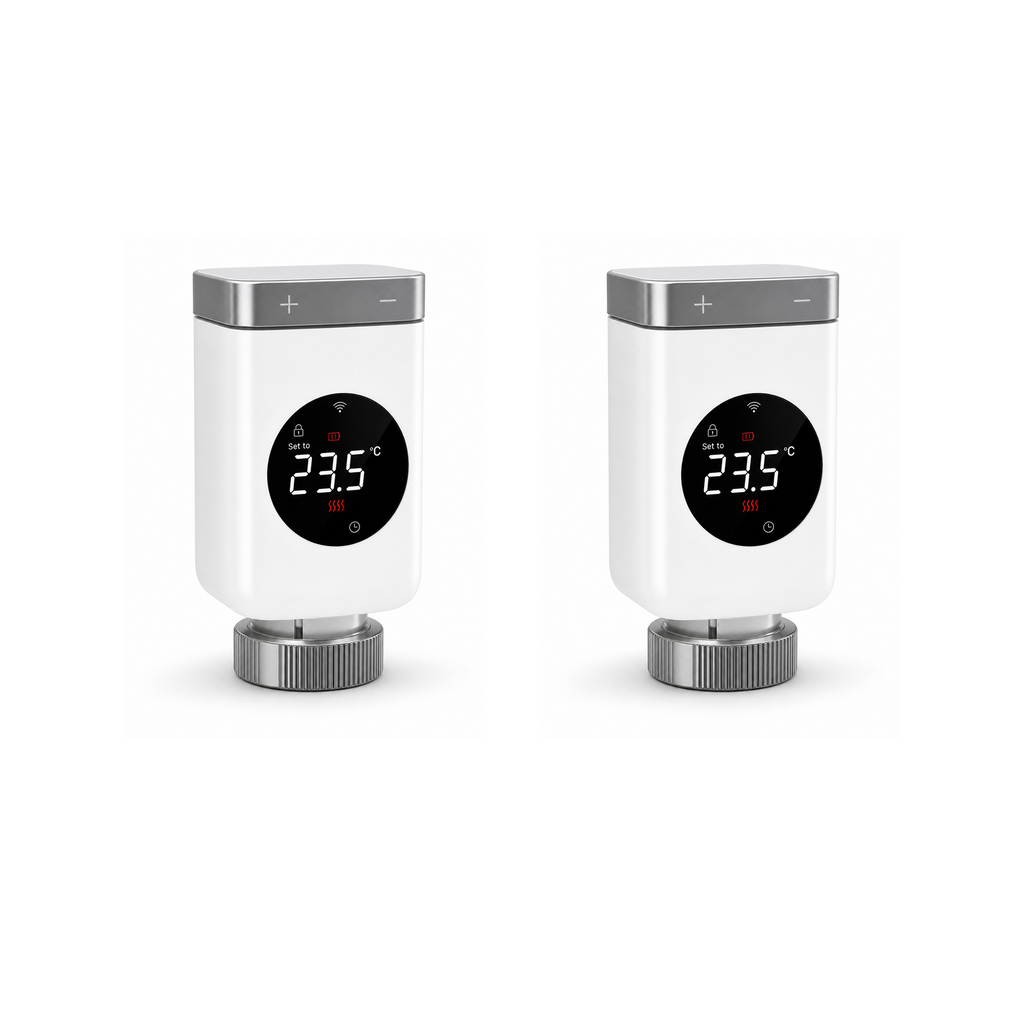 Lot de 2 vannes thermostatiques NéoValve Comfort V2 ZigBee sur fond studio blanc