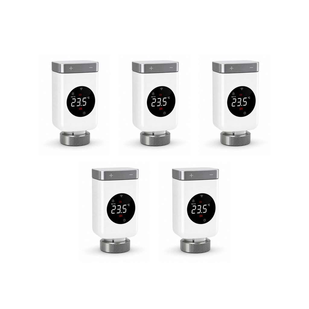 Lot de 5 vannes thermostatiques NéoValve Comfort V2 ZigBee sur fond studio blanc
