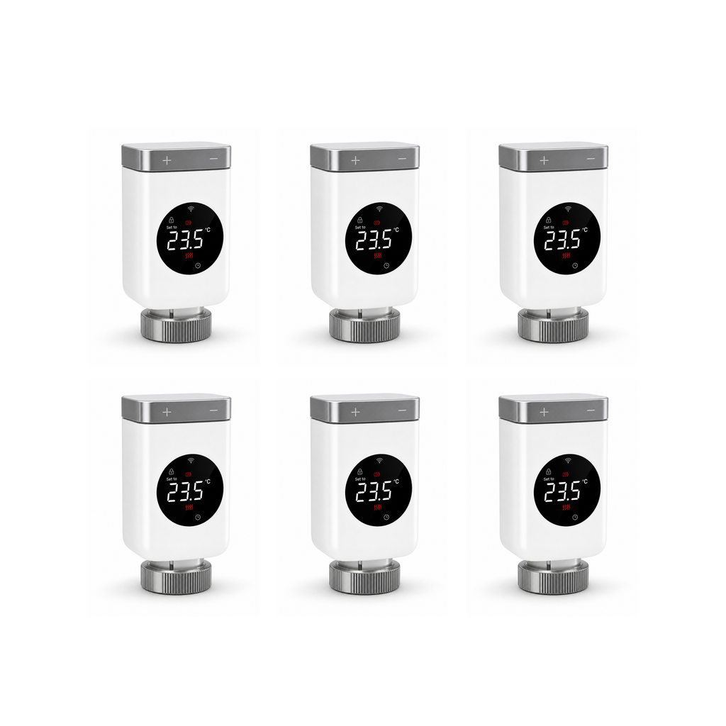Lot de 6 vannes thermostatiques NéoValve Comfort V2 ZigBee sur fond studio blanc