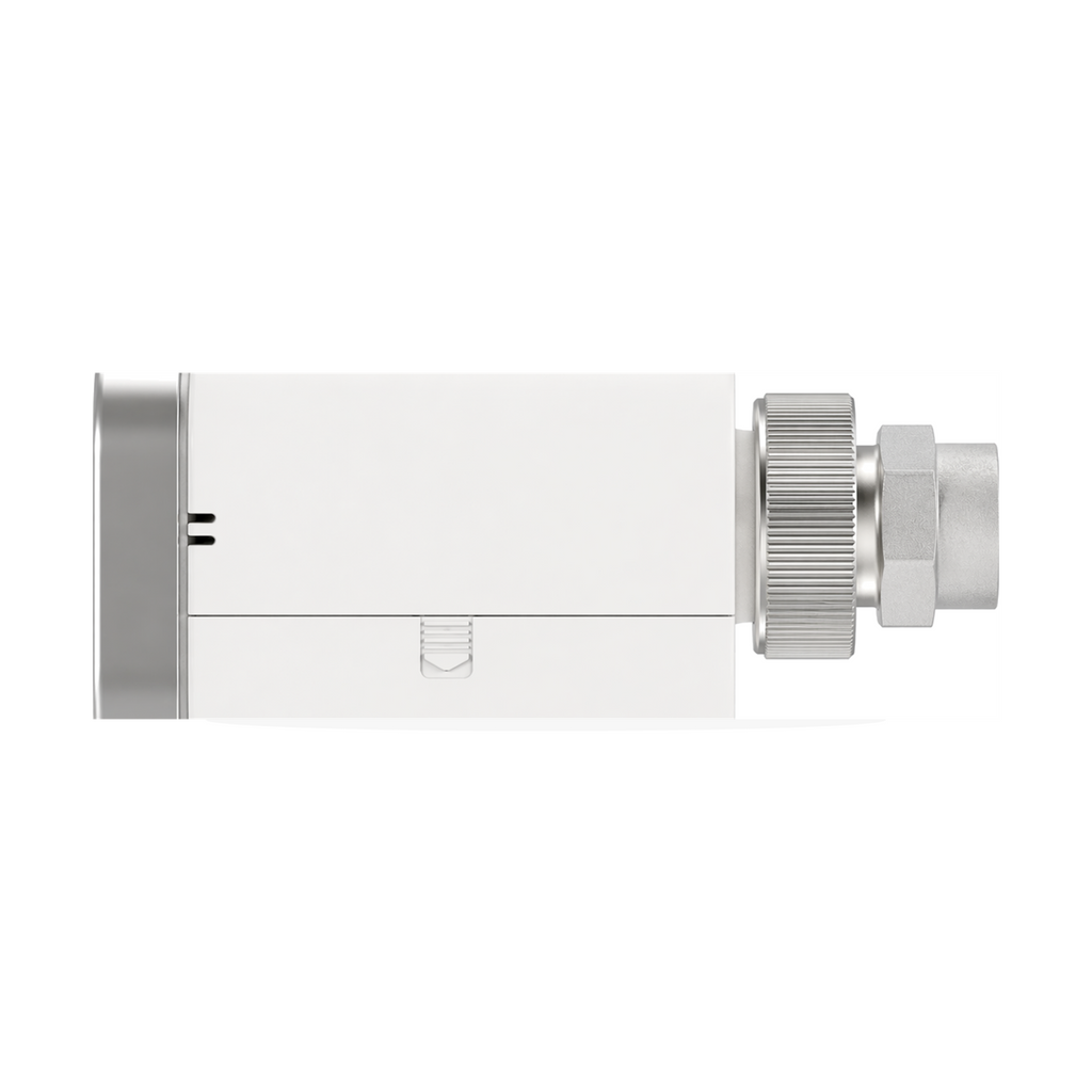Vanne thermostatique connectée NéoValve Comfort vue de profil sur fond studio blanc