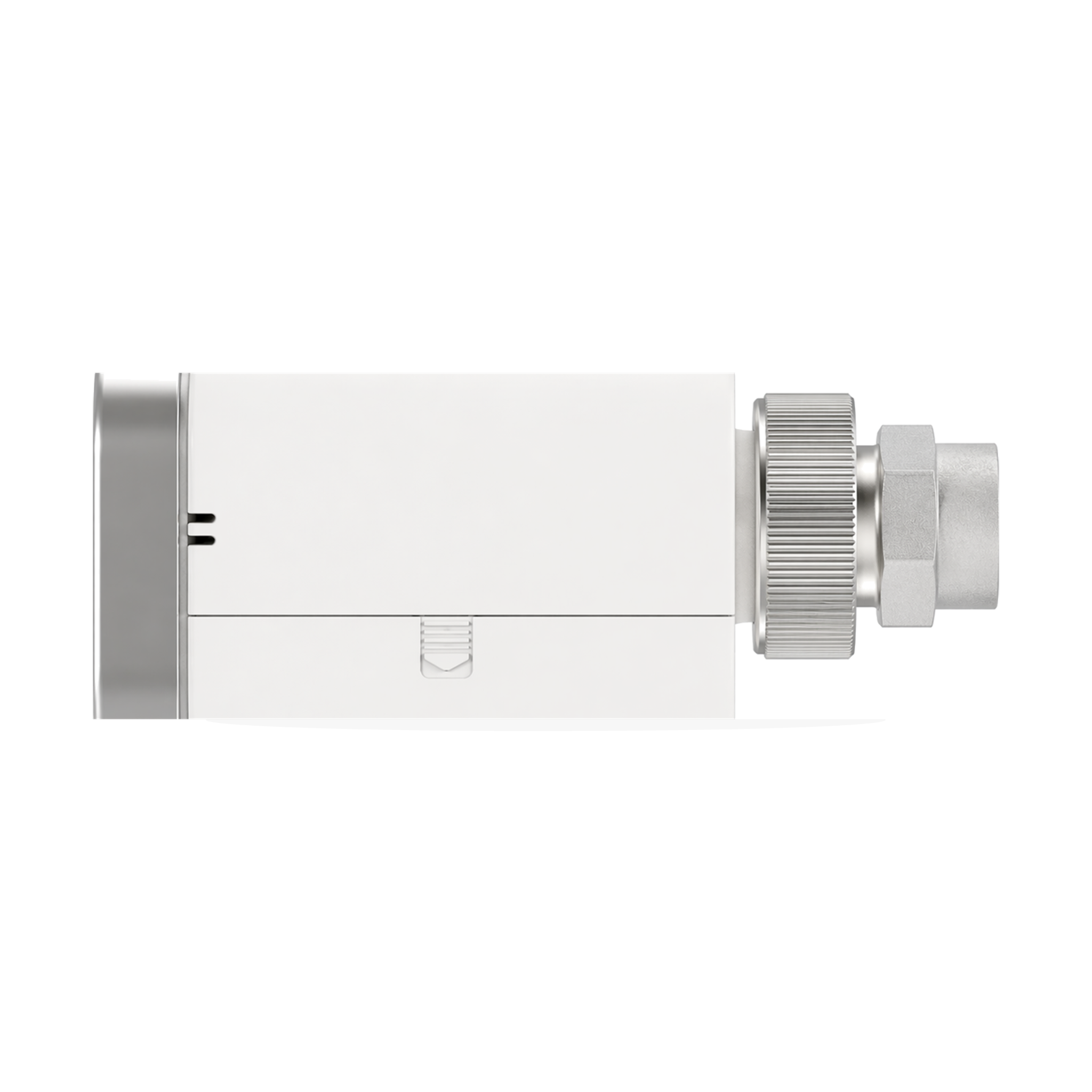 Vanne thermostatique connectée NéoValve Comfort vue de profil sur fond studio blanc