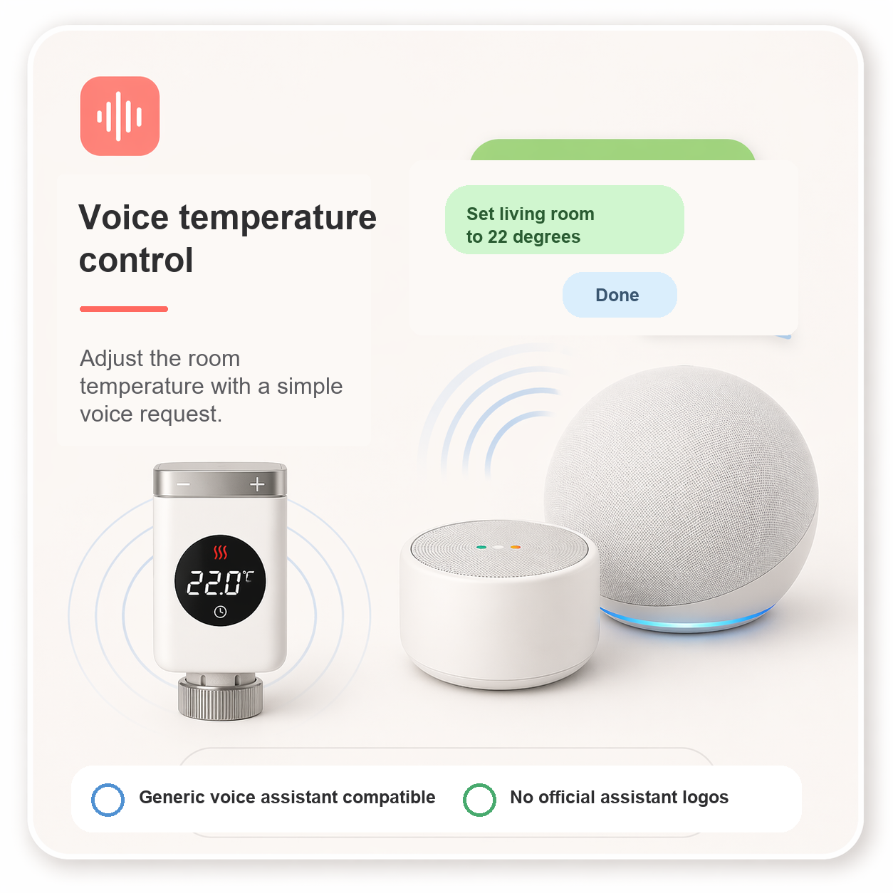 Voice temperature control scene with a generic assistant speaker and smart radiator valve