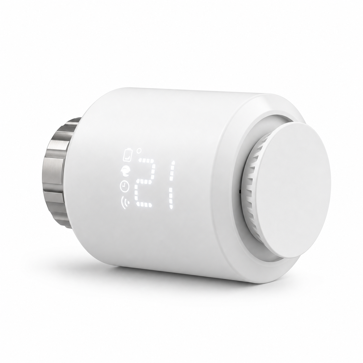 Angled studio packshot of white Classic Zigbee smart thermostatic radiator valve