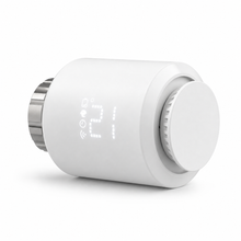 Angled studio packshot of white Classic Zigbee smart thermostatic radiator valve