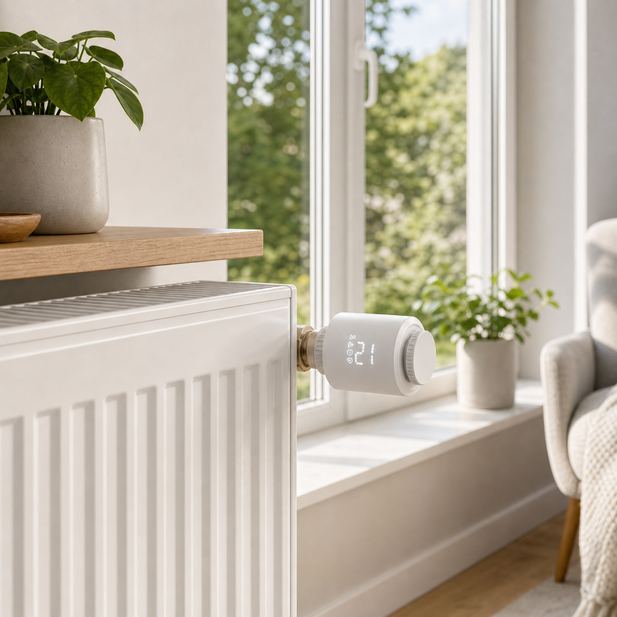 Classic Zigbee smart thermostatic radiator valve installed in a modern living room