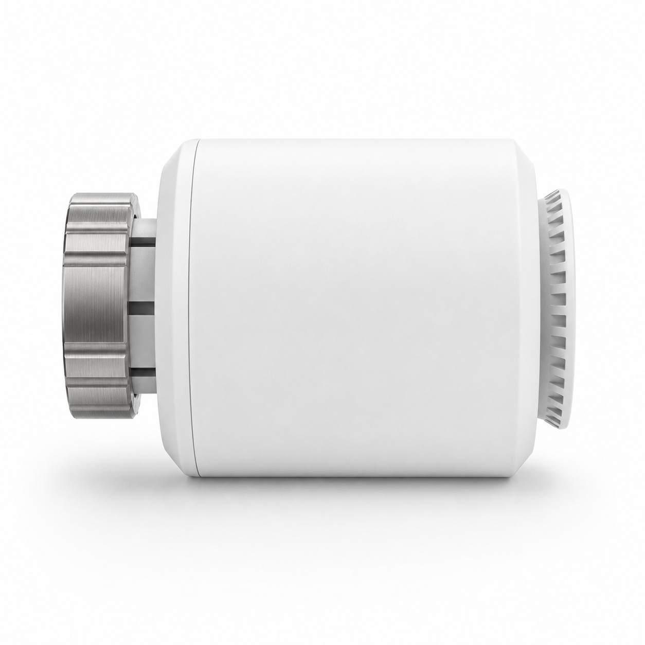 Side profile view of white Classic Zigbee smart thermostatic radiator valve