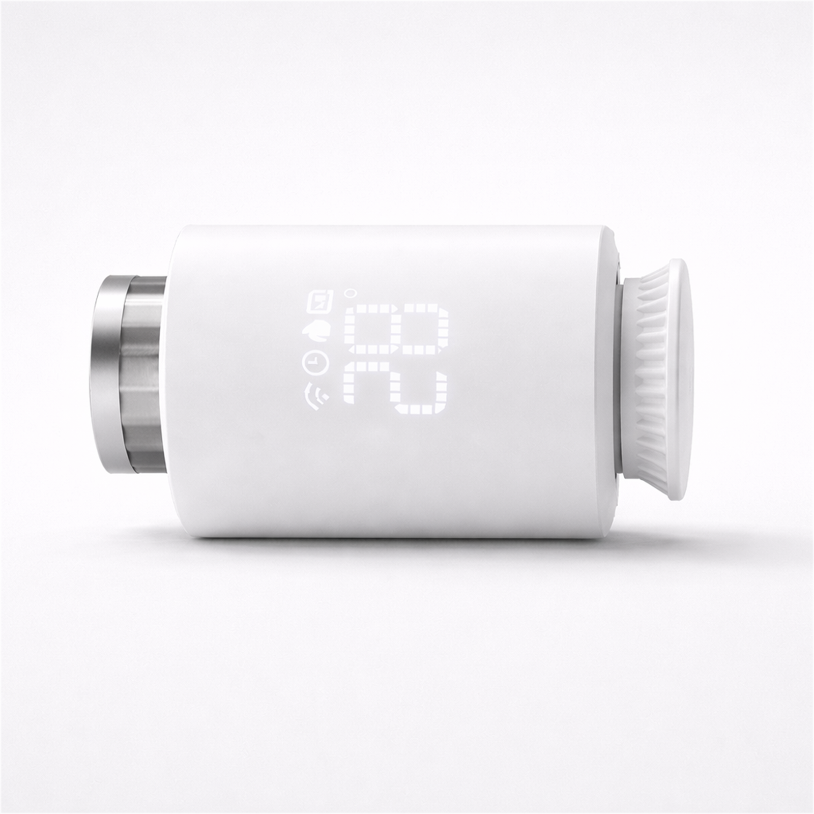Vanne thermostatique Zigbee NéoValve Essential Classic vue horizontale sur fond blanc studio.