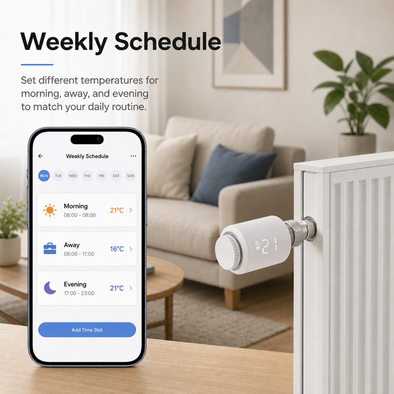 Weekly schedule app control image for Classic Zigbee thermostatic radiator valve