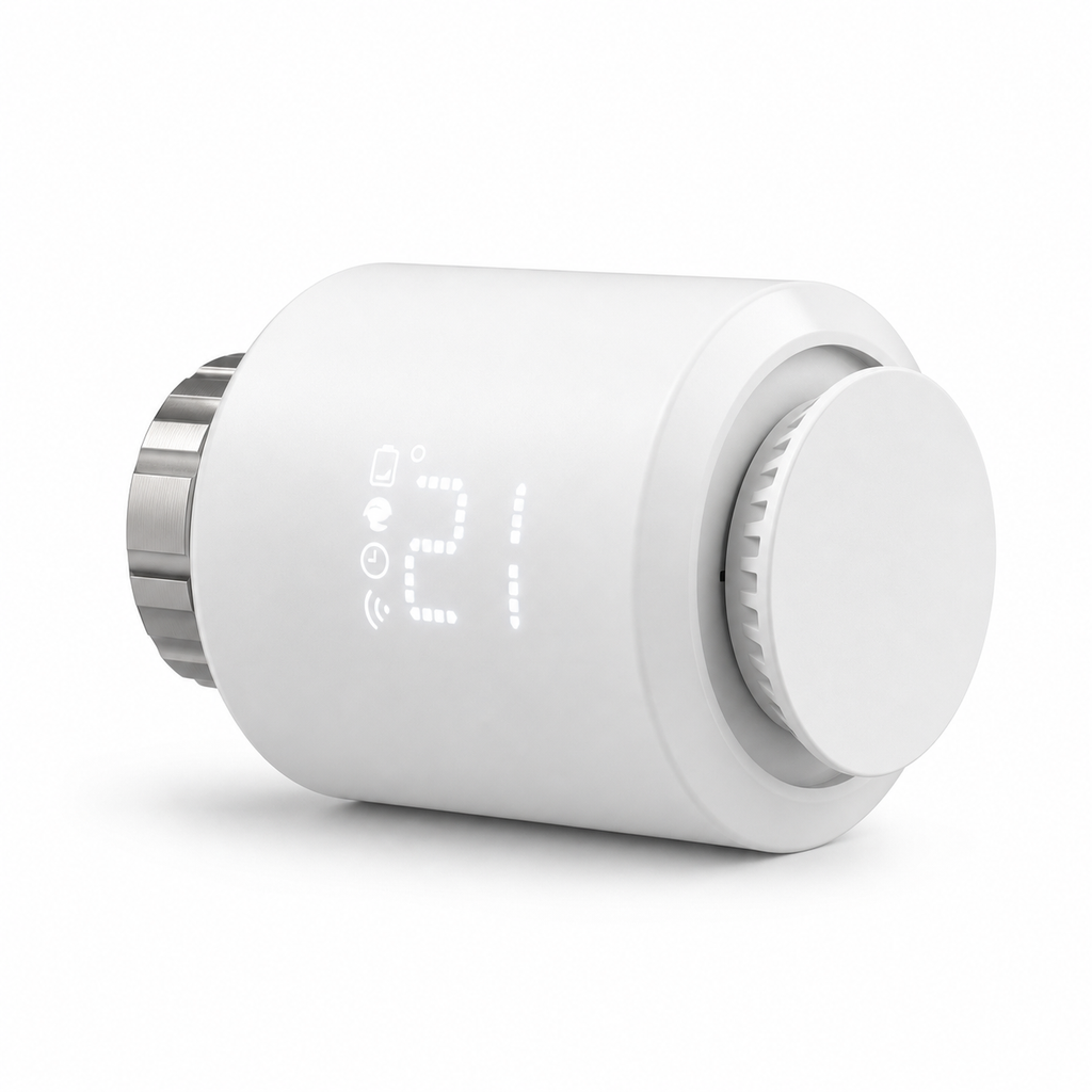Angled studio packshot of white Zigbee smart thermostatic radiator valve