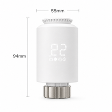 Dimensions diagram showing 55mm width and 94mm height of smart thermostatic radiator valve