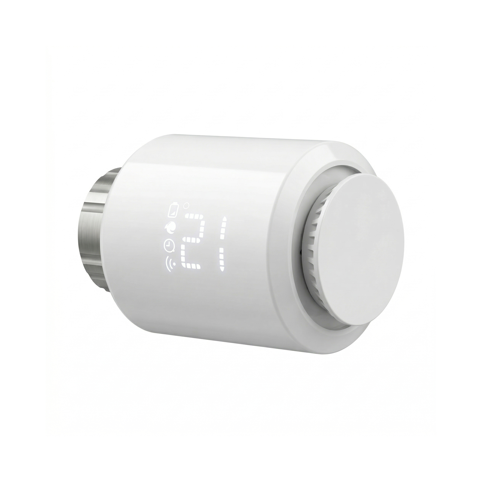 Vanne thermostatique connectée NéoValve Essential Zigbee lot de 1 vue inclinée sur fond blanc studio.