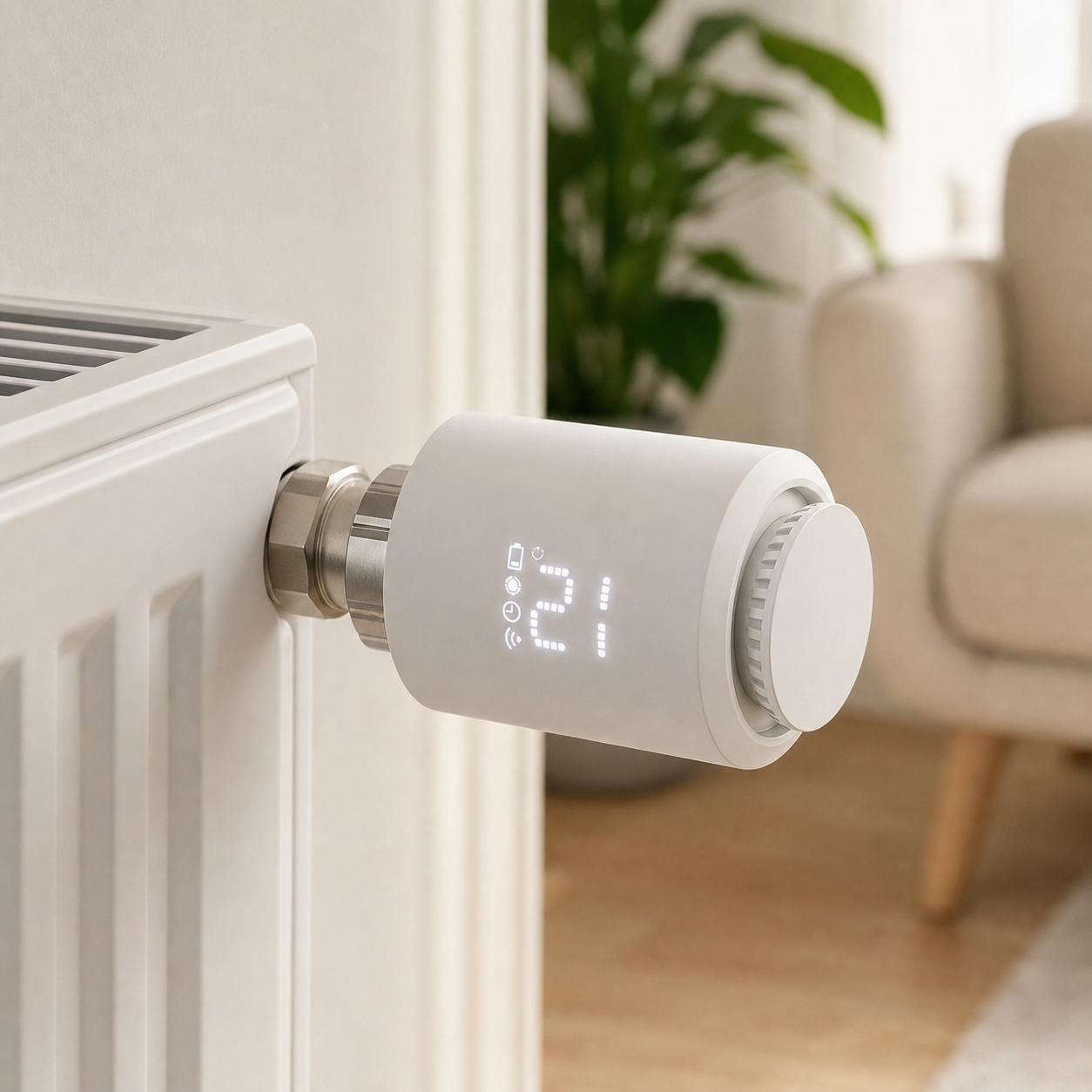 Close-up of white smart thermostatic radiator valve installed on a radiator
