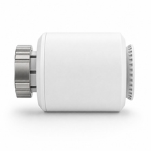 Side profile studio view of white smart thermostatic radiator valve