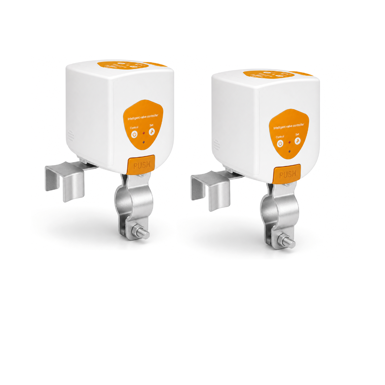 Deux contrôleurs de vanne ZigBee NéoValve Guard Comfort pour lot de 2 sur fond blanc