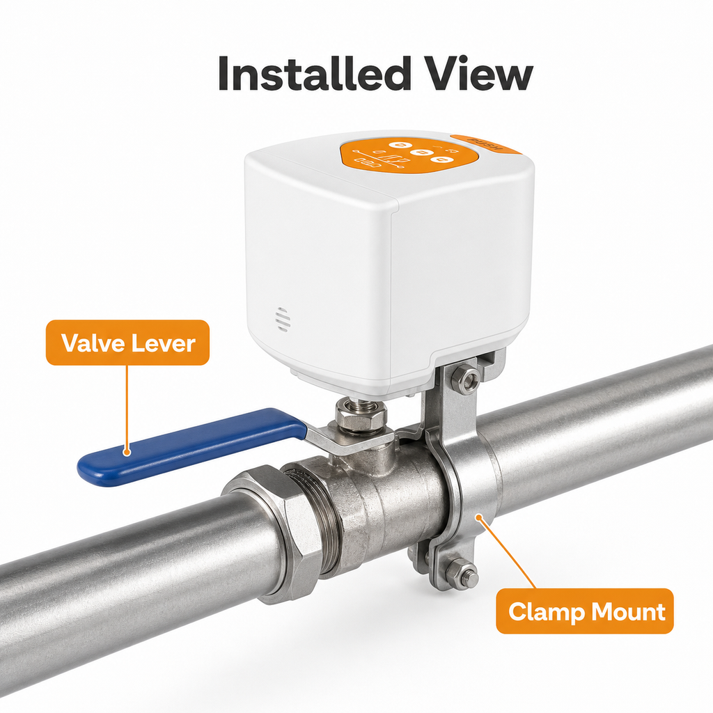 Installed view of smart valve controller on pipe