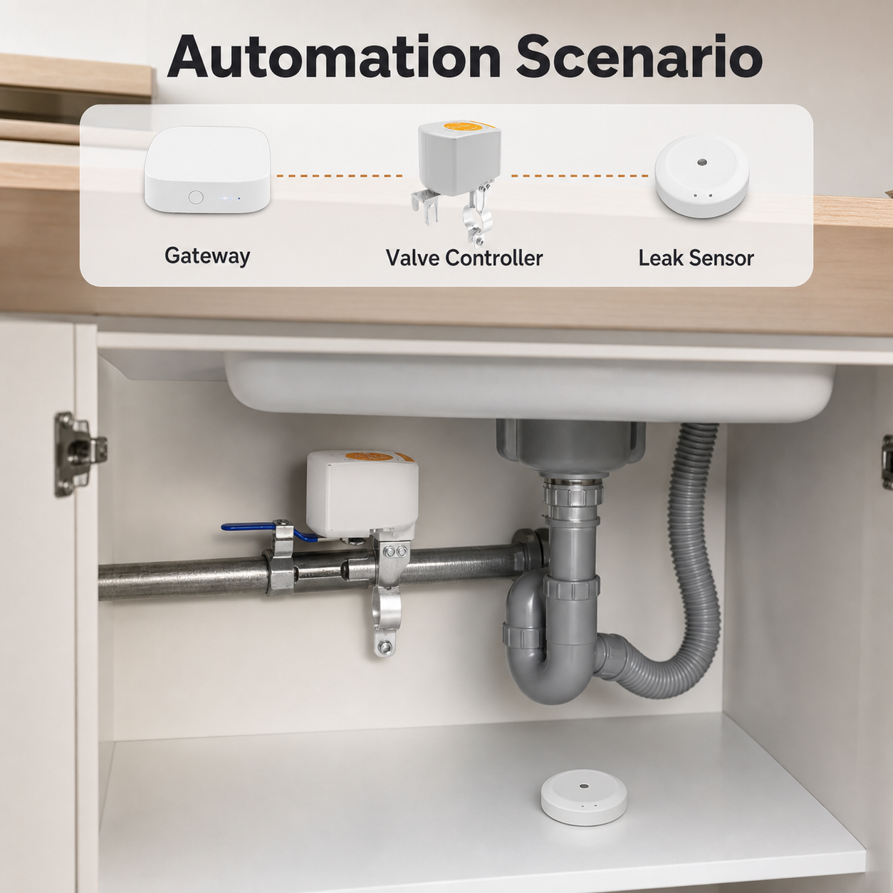 Leak sensor automation scenario under sink with valve controller