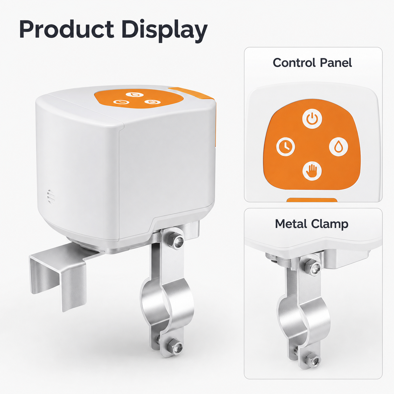 Product display detail with control panel and metal clamp