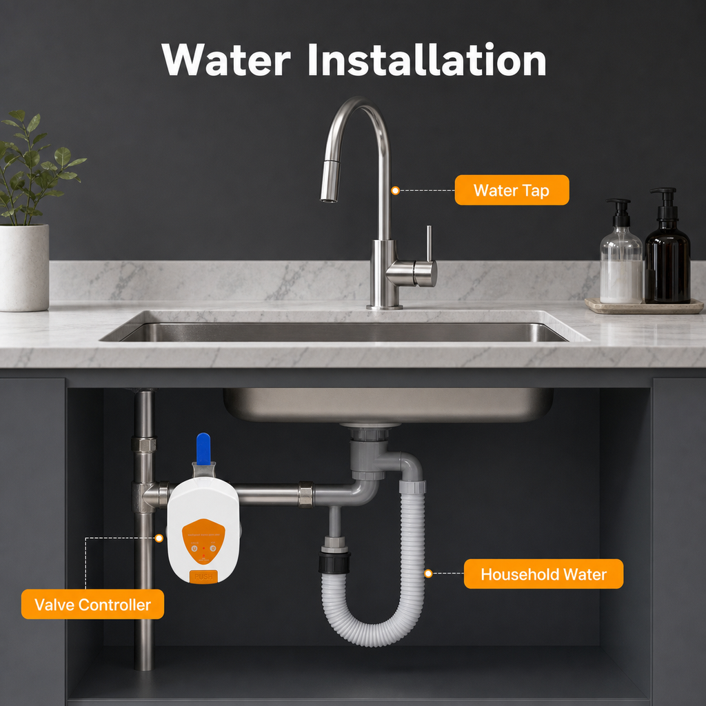 Water installation schematic for smart valve controller
