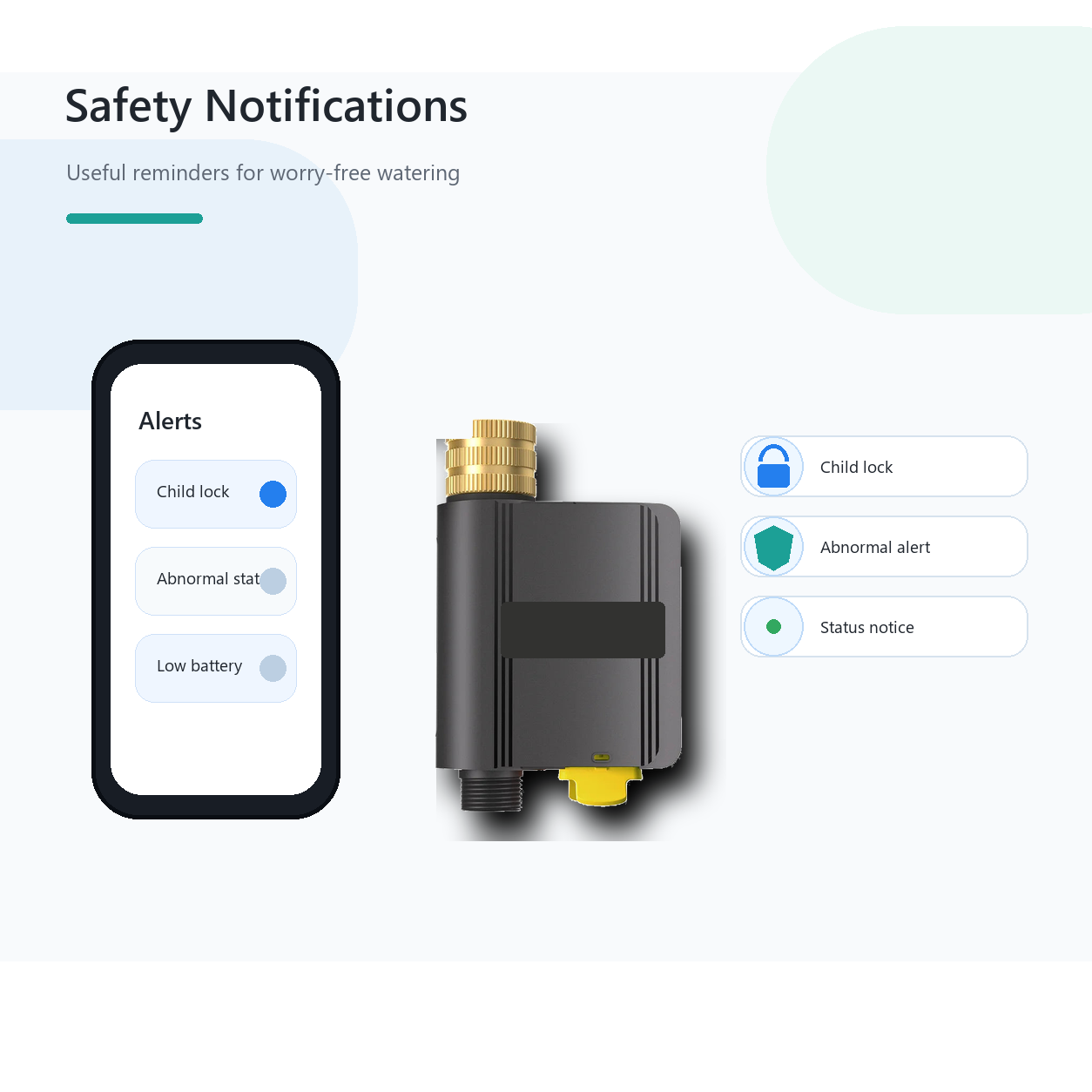 Safety notifications and child lock overview for Hydro Lite Pro water valve