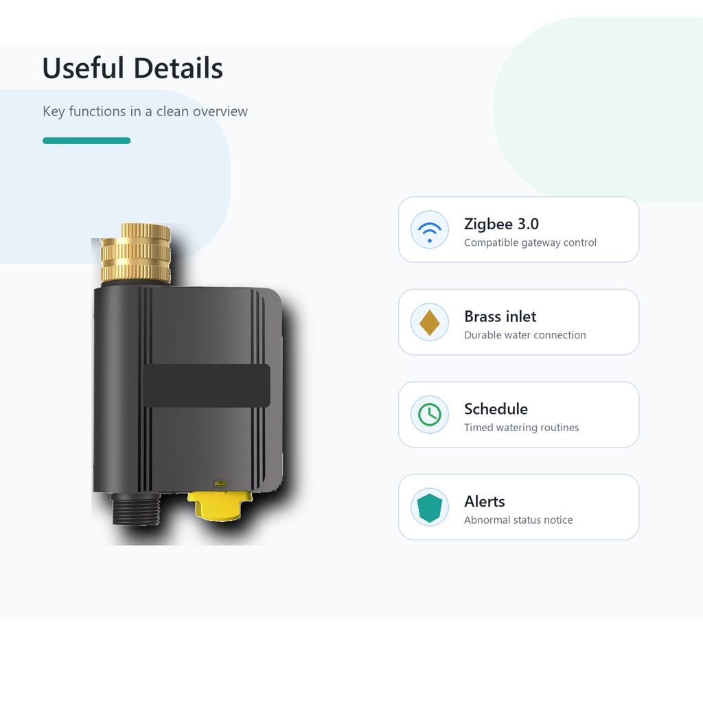 Feature overview of Hydro Lite Pro water valve with Zigbee brass inlet and alerts