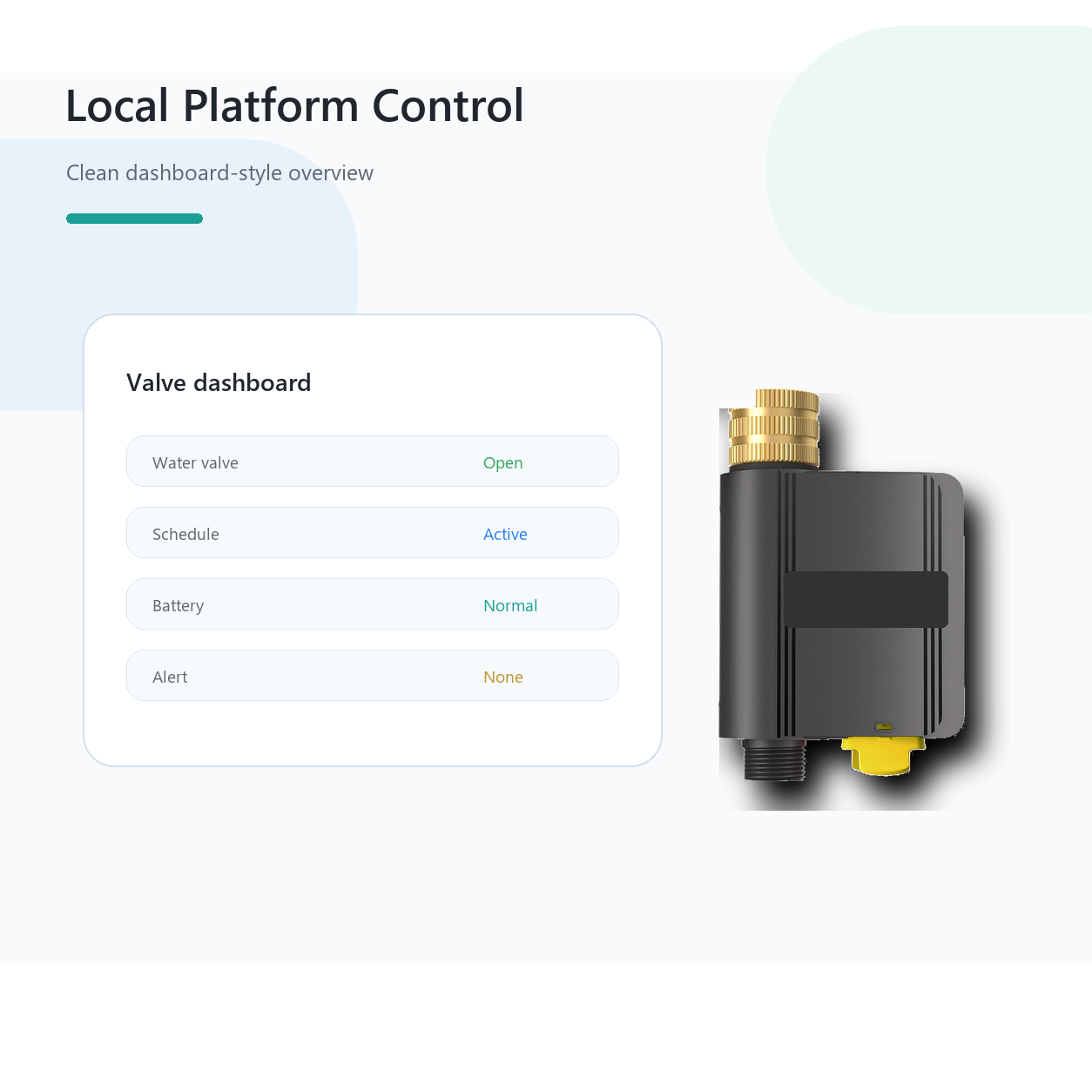 Local platform control dashboard for Hydro Lite Pro water valve