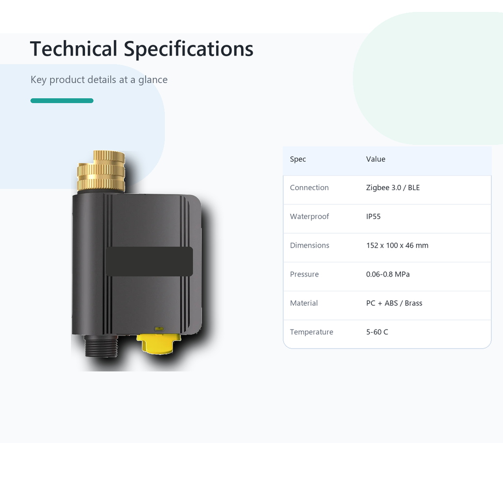 Technical specifications overview for Hydro Lite Pro Zigbee water valve