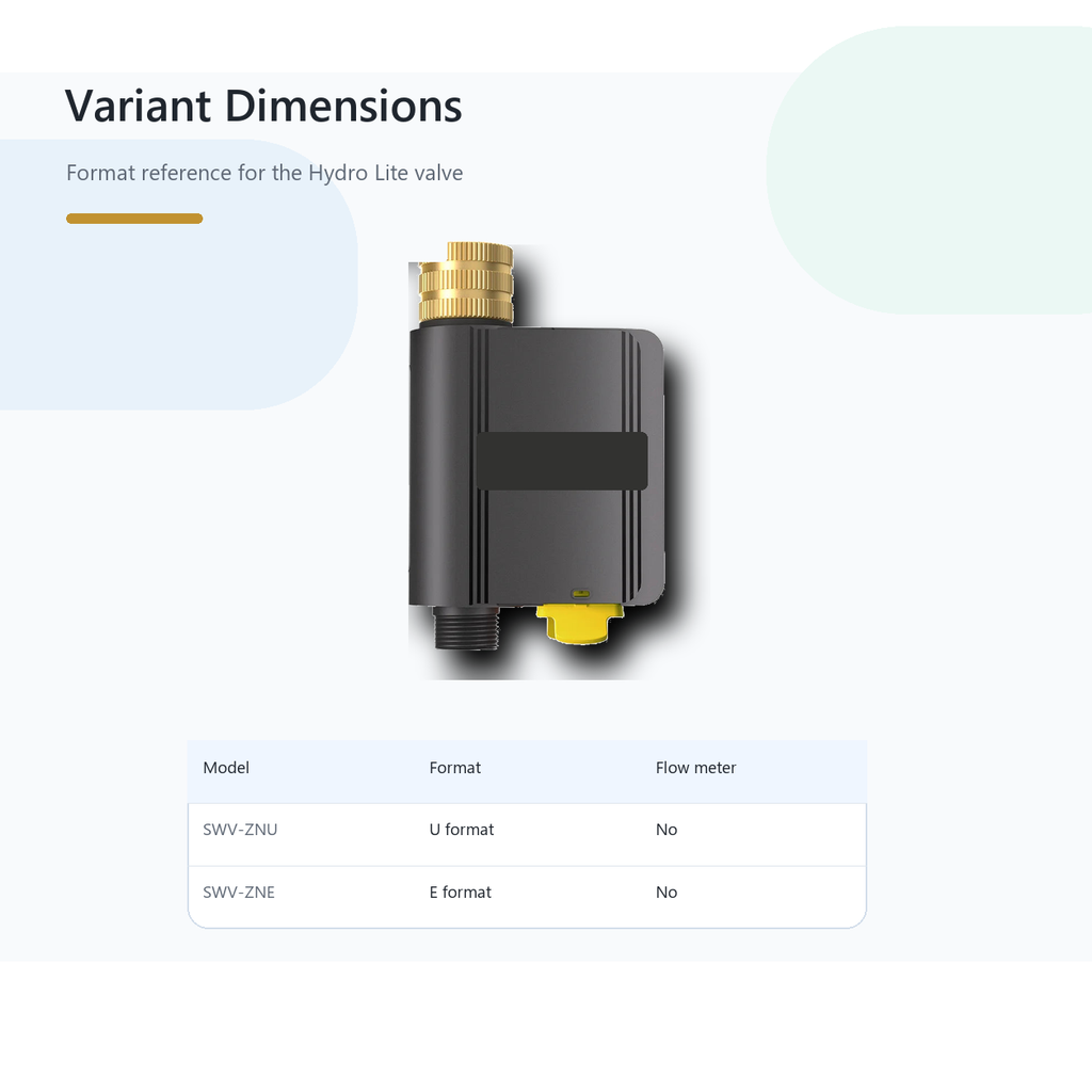 Variant dimensions table for Hydro Lite Pro water valve