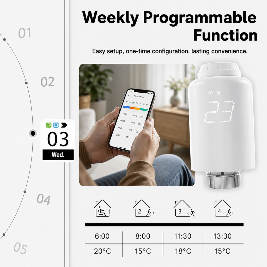 Smart thermostatic radiator valve weekly programmable function