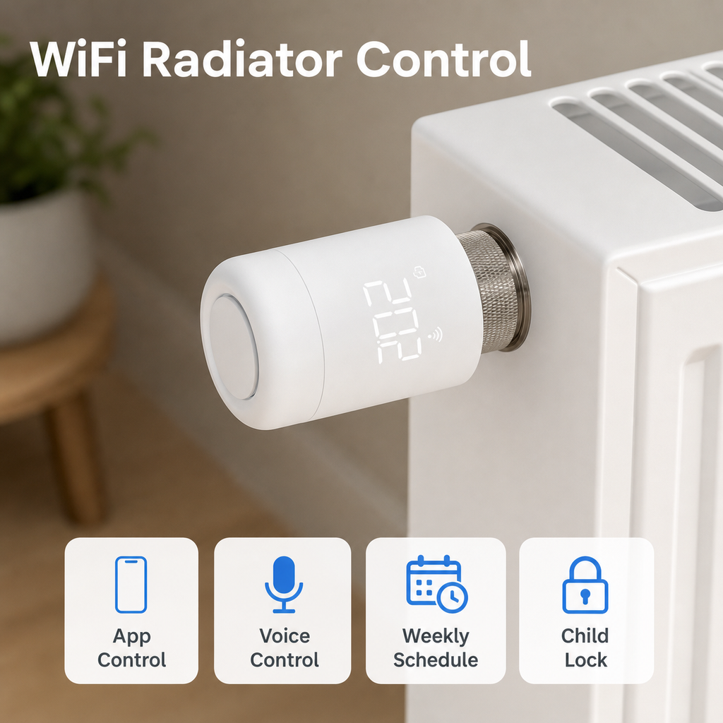 WiFi smart radiator valve installed on a radiator with app and schedule control features
