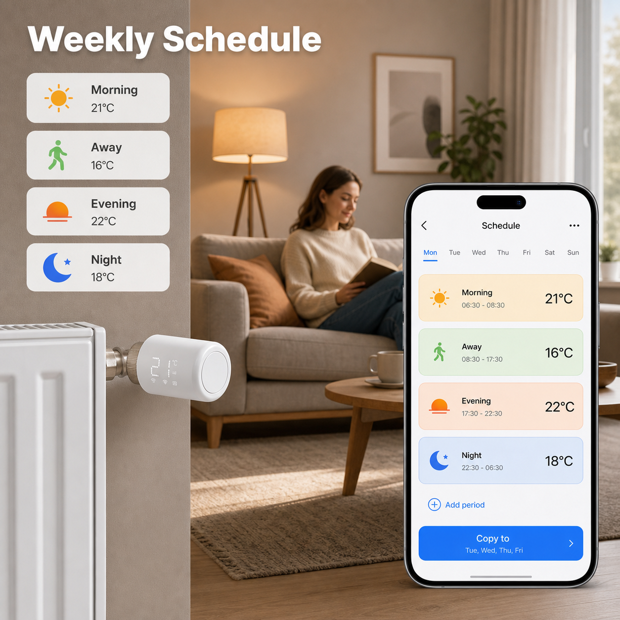 Weekly heating schedule interface for a WiFi smart radiator valve