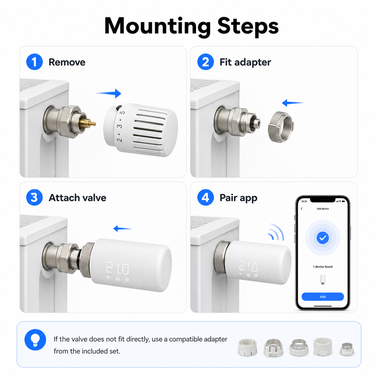 Mounting steps for installing a WiFi thermostatic radiator valve