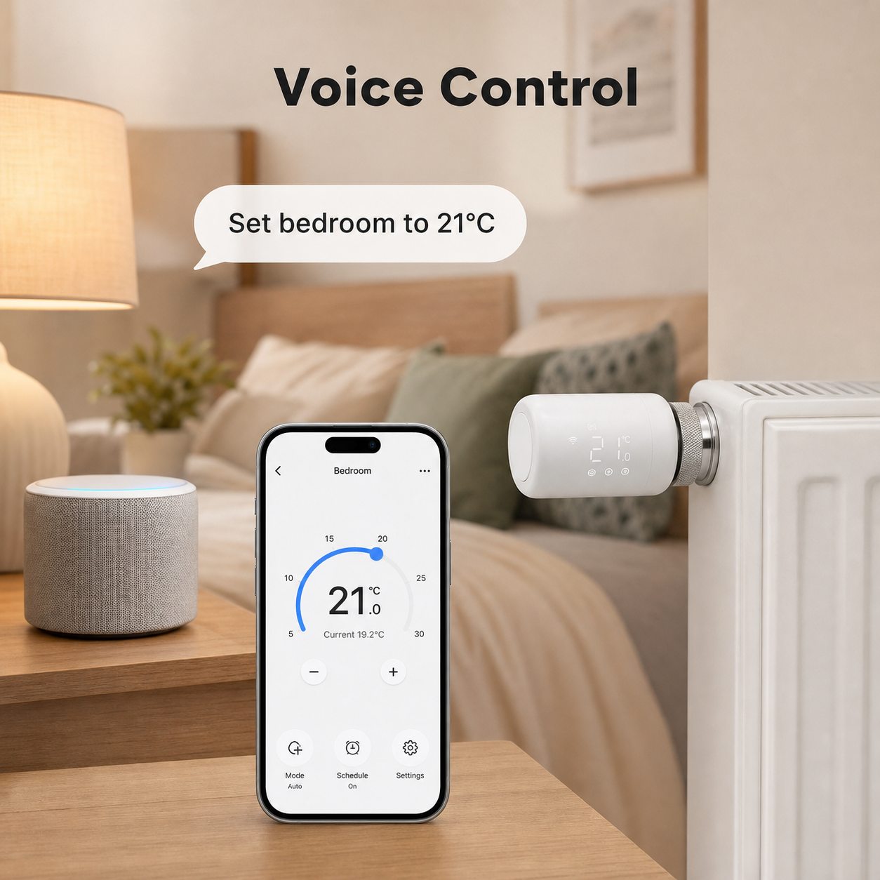 Voice control scene for setting a WiFi smart radiator valve temperature