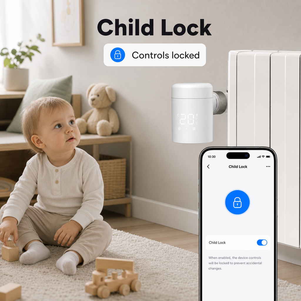 Child lock feature for a WiFi smart thermostatic radiator valve in a home setting