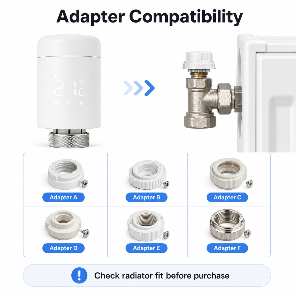 Adapter compatibility overview for a WiFi smart thermostatic radiator valve