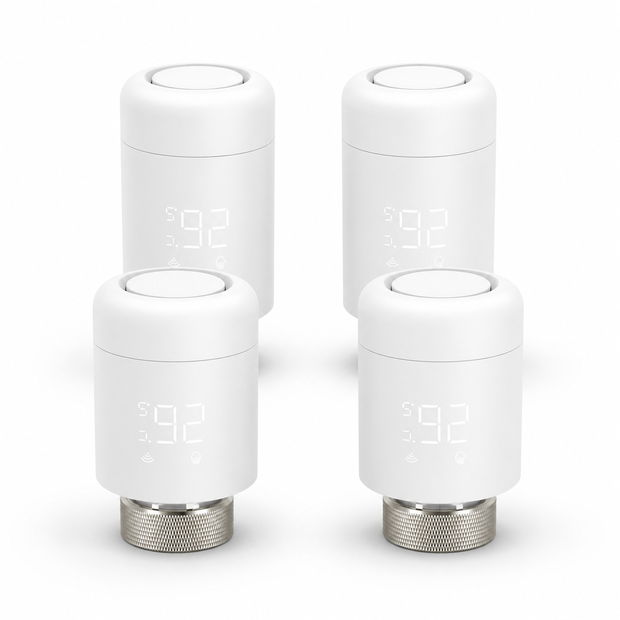 Pack of four WiFi smart thermostatic radiator valves on a white studio background