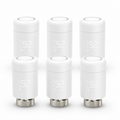 Pack of six WiFi smart thermostatic radiator valves on a white studio background