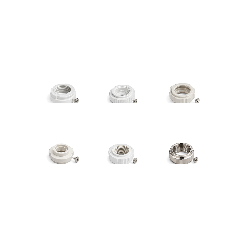 Kit d'adaptateurs pour vanne thermostatique Wi-Fi NéoValve sur fond blanc