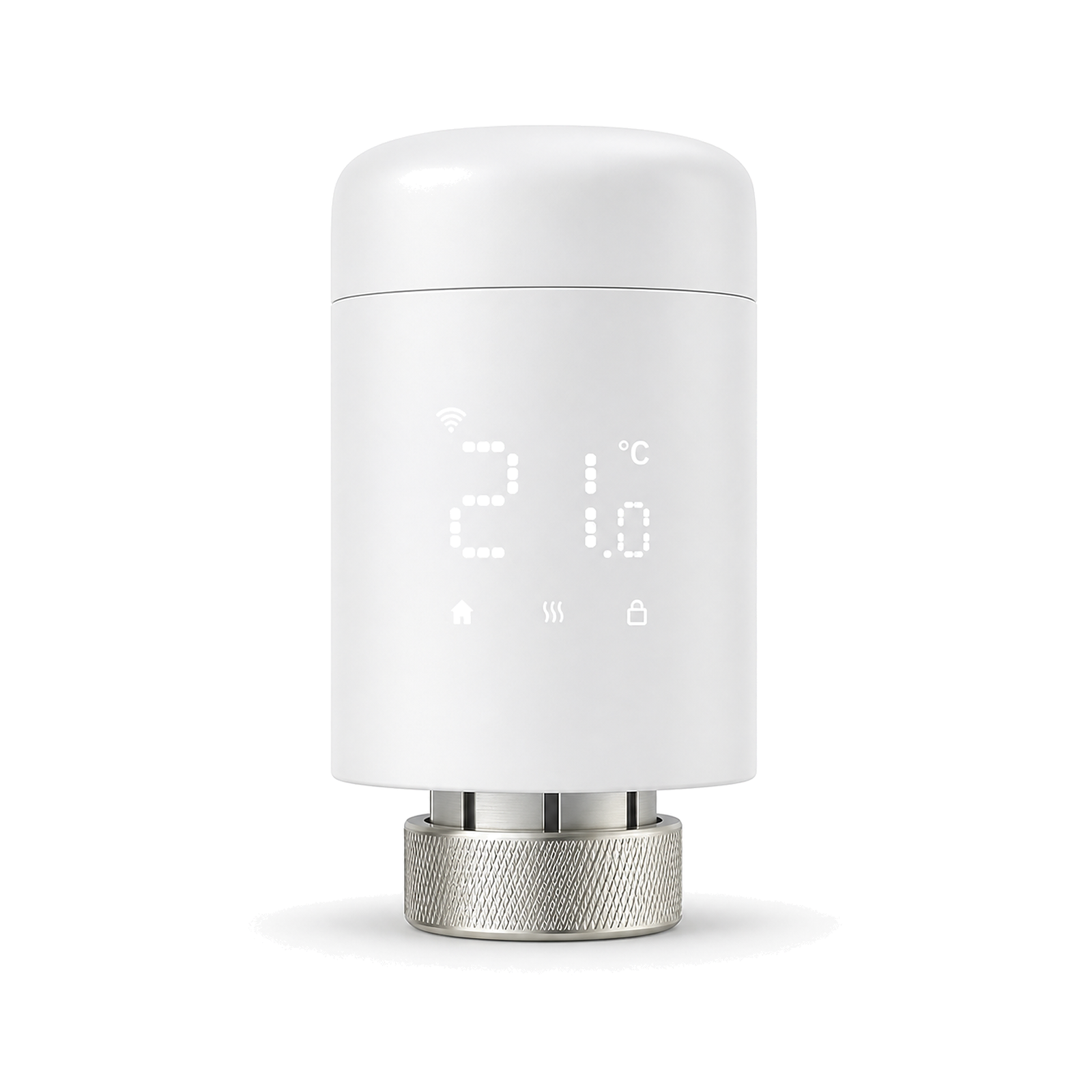 Une vanne thermostatique Wi-Fi NéoValve blanche sur fond blanc