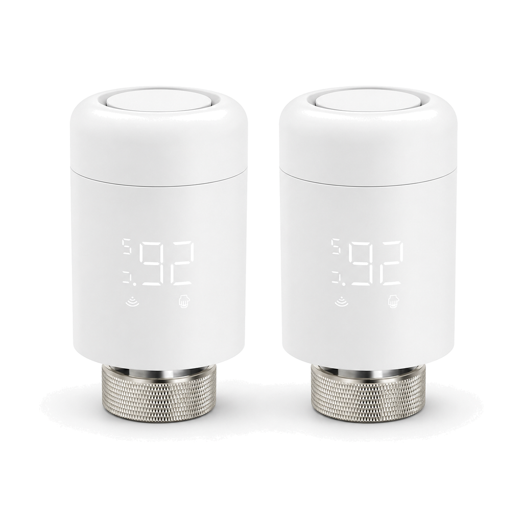 Lot de deux vannes thermostatiques Wi-Fi NéoValve blanches sur fond blanc